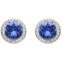 Round Halo Silver Earrings Adorned with Sapphire and White Swarovski Crystals