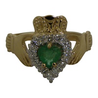 Image for 14K Yellow Gold Diamond and Emerald Claddagh Ring