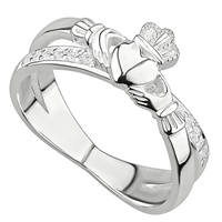 Image for Sterling Silver Ladies Crystal Crossover Claddagh Ring