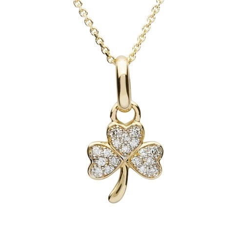 14K Yellow Gold Diamond Set Shamrock Necklace - Irish Jewelry