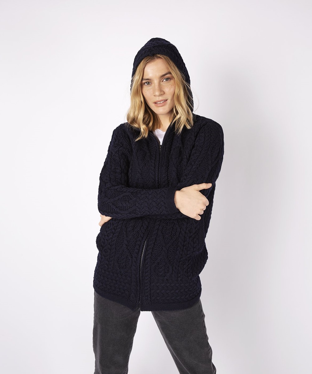 navy cable knit hooded button up swing coat