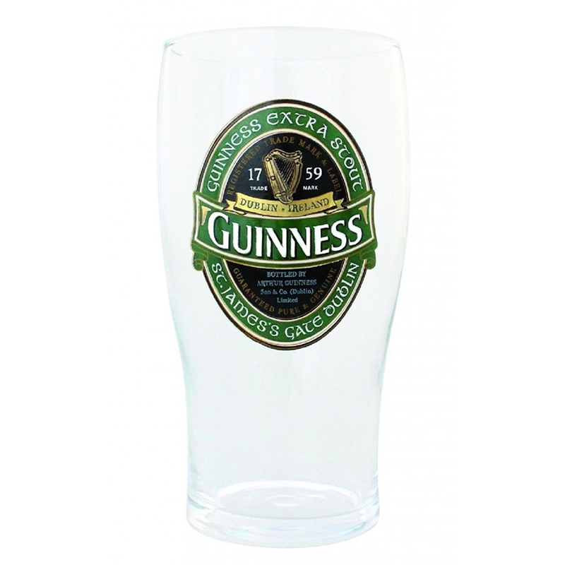 guinness pint glass with label on both sides