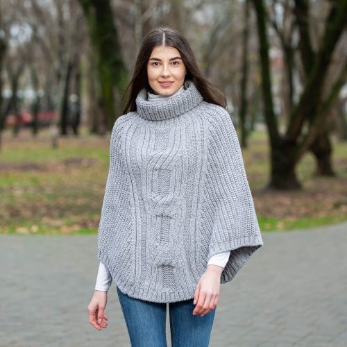 Irish Wool Cable Knit Cowl Neck Poncho for Women
