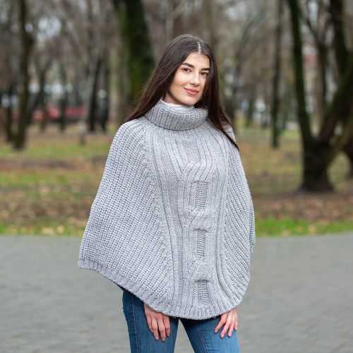 Irish Shawl, Merino Wool Cable Knit Cowlneck Ladies Poncho at