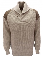 Image for Byreman Chunky Knit Shawl Collar Sweater with Harris Tweed Patches, Light Grey Welsh