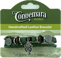 Image for Connemara Marble and Leather Hippy Bracelet with 4 Leaf Clover Charm