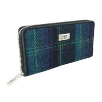 Image for Glen Appin Harris Tweed Staffa Long Zip Purse, Blue with Turquoise Overcheck