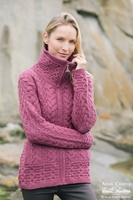 Image for Aran Crafts Louisburgh Double Collar Zip Cardigan, Berry