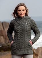 Image for Aran Crafts Kilkenny Side Zip Irish Cardigan Sweater with Hood, Tundra Green