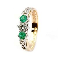 14K Yellow Gold Celtic Ring - 3 Gem Emerald and Diamond with Trinity Knot Design