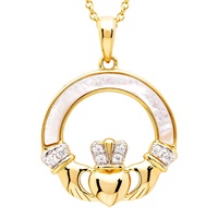 Image for 14kt Gold Vermeil Mother of Pearl CZ Irish Claddagh Necklace