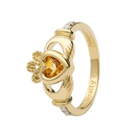 14K Yellow Gold November Claddagh Birthstone Ring, Yellow Topaz Citrine