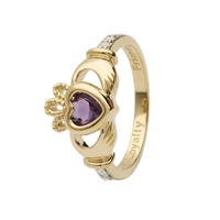 14K Yellow Gold June Claddagh Birthstone Ring, Light Amethyst