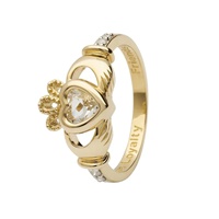 14K Yellow Gold April Claddagh Birthstone Ring, White Topaz