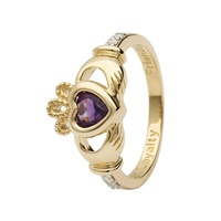 14K Yellow Gold February Claddagh Birthstone Ring, Amethyst