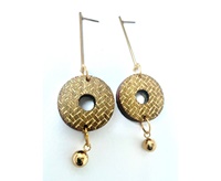 Celtic Pattern, Gold Bar and Bead Wooden Dangle Hoop Earring