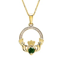 14K Yellow Gold Lab Grown Diamond Emerald Claddagh Necklace .10ct