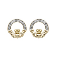 Image for 14K Yellow Gold Diamond Set Claddagh Stud Earrings