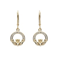 Image for 14K Yellow Gold Diamond Set Claddagh Drop Earrings