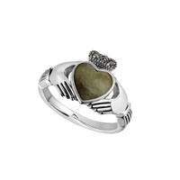 Image for Sterling Silver Connemara Marble and Marcasite Claddagh Ring